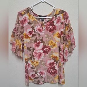 Adele & May XL Pink Floral Blouse Keyhole Neck Ruffle Bell Sleeve Womens Top